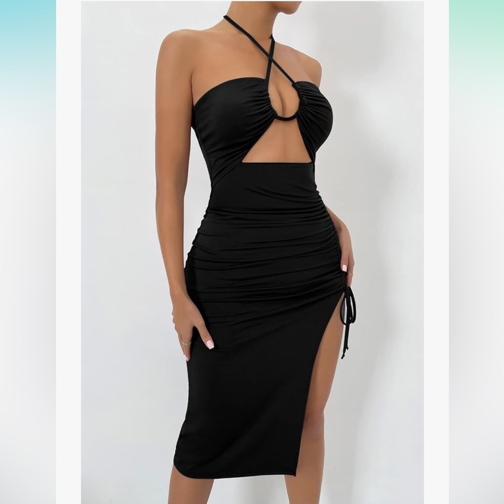 NWOT Black halter neck midi dress with cut out detail and ruched tie side slit
